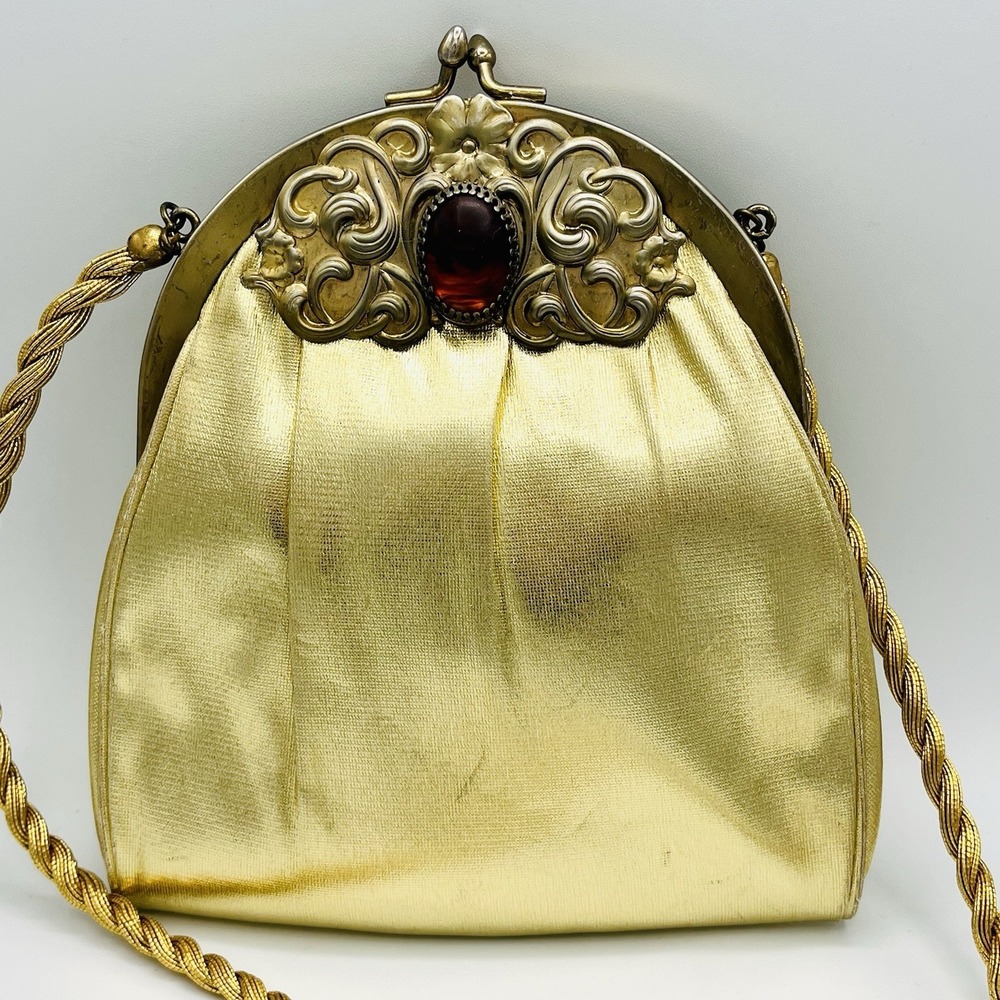Vintage Harry Levine Evening Bag Gold Amber Stone Matching Coin Purse Kisslock - Picture 3 of 12